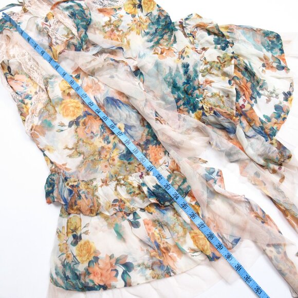 By Anthropologie Sleeveless Trailing Ruffle Blouse Floral Print Lace Trim Large - Picture 9 of 12